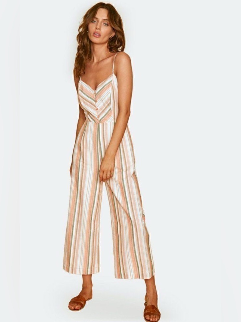 NEW Lost + Wander Striped Spaghetti-Strap Wide-Leg Jumpsuit in Peach & Cream XS